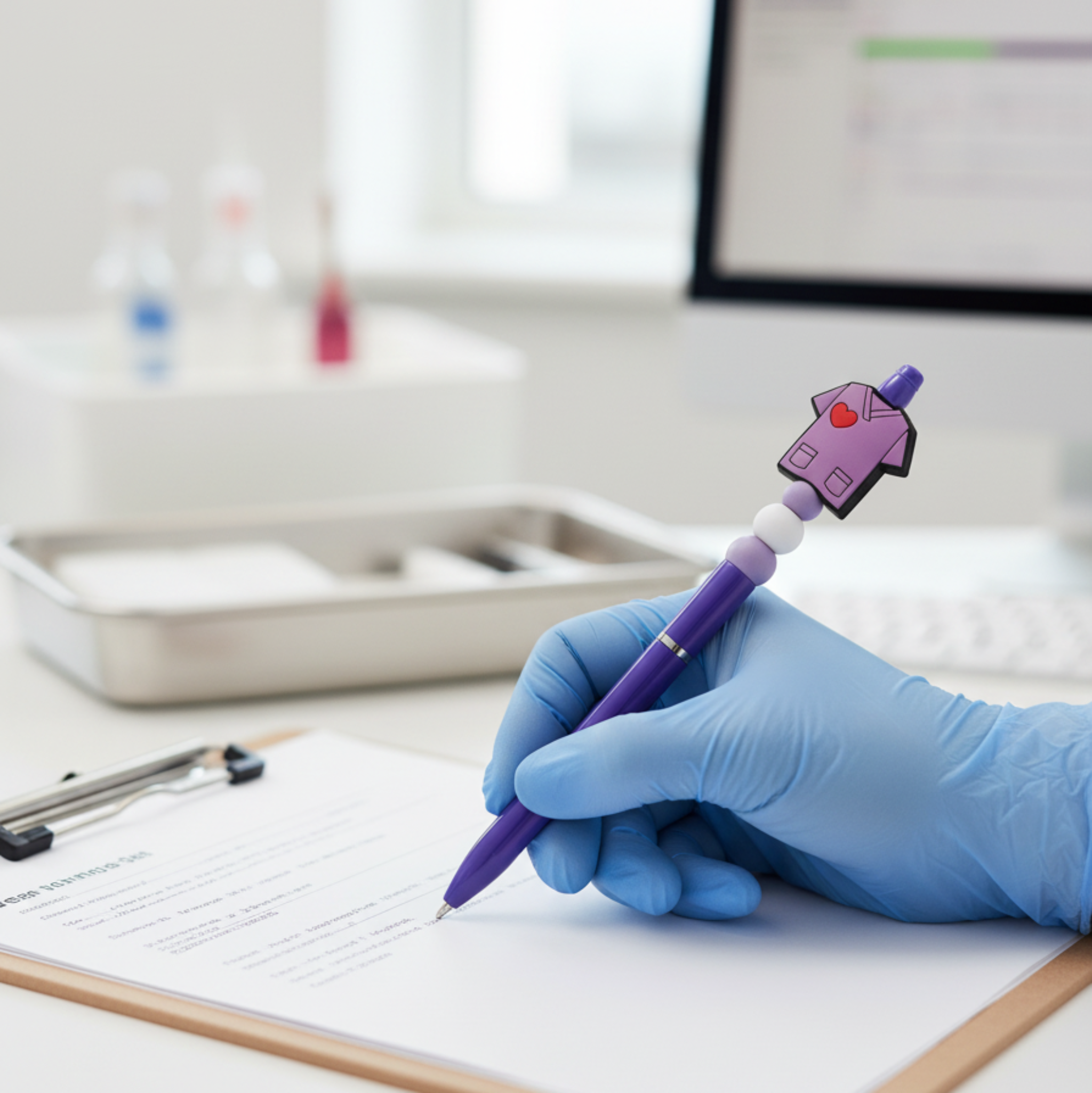 Healthcare professional writing with lavender decorative pen