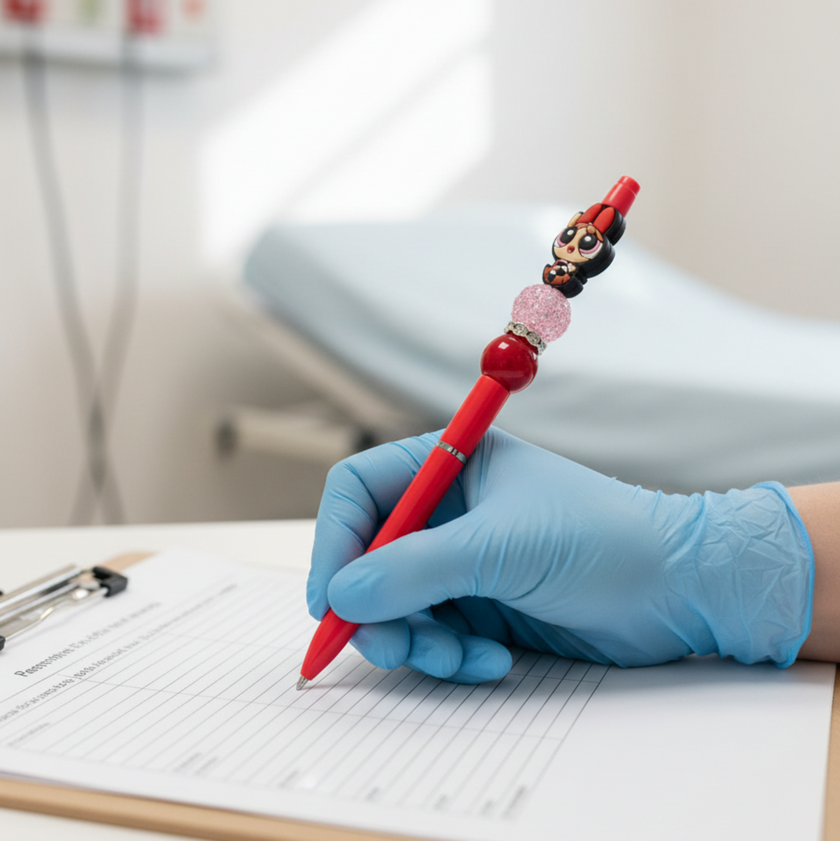 Healthcare professional writing with Powerpuff Girls decorative pen